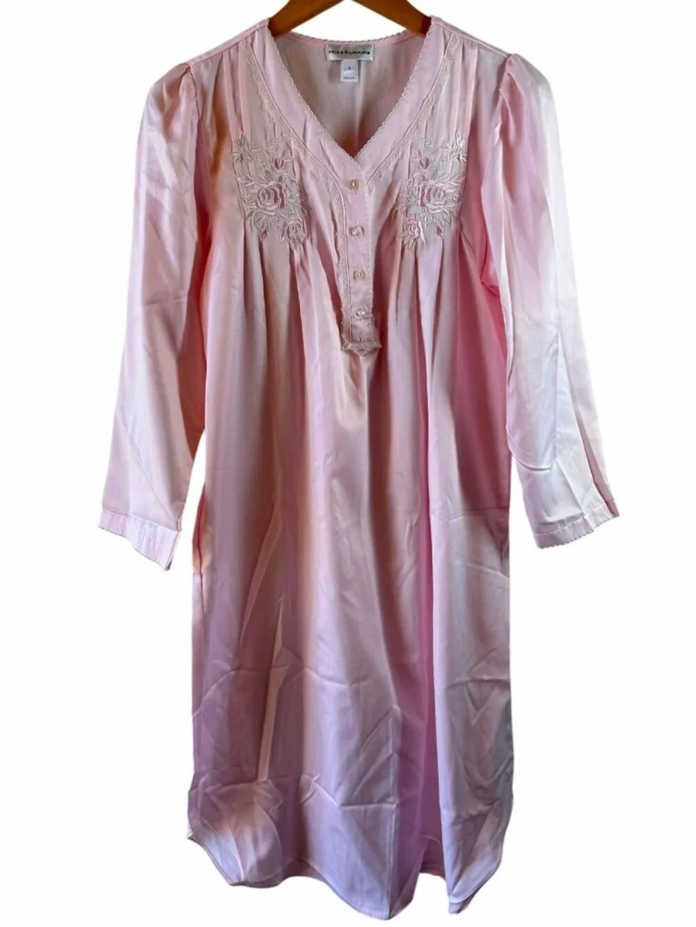 NEW Miss Elaine Pink Brushed Back Satin Nightgown Floral Embroidered Lace Trim S